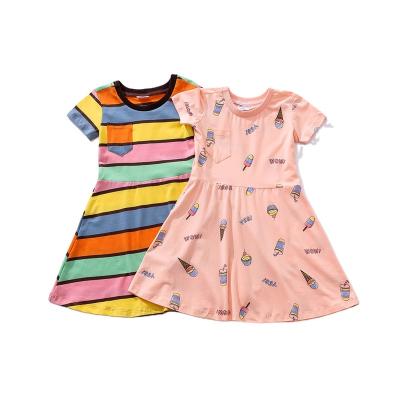 China Washable 2-12 Years New Arrival Summer Knit Striped Rainbow Shortsleeve Girls Flare Dresses With Pockets Kids Dress For Girls for sale