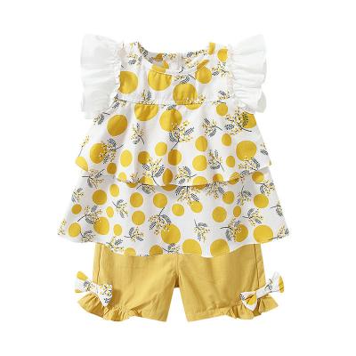 China Anti-wrinkle Wholesale Kids Clothing Floral Print Ruffle Edge Summer Top 2 PCS Sets Short T-shirt + Shorts for sale