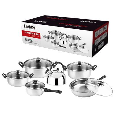 China Viable factory low price wholesale pots and pans set 12pcs stainless steel cookware set with whistling kettle for sale