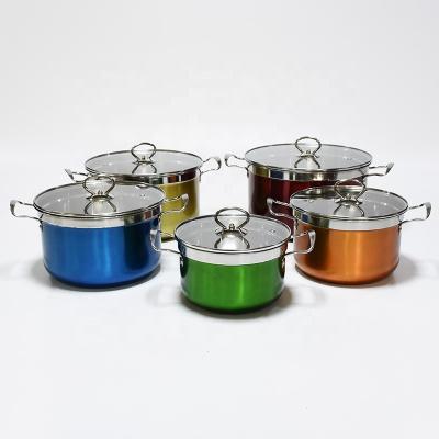 China Sustainable Colorful Stainless Steel Cooking Pot Set Thickening 10pcs Cookware Set With Glass Lid for sale