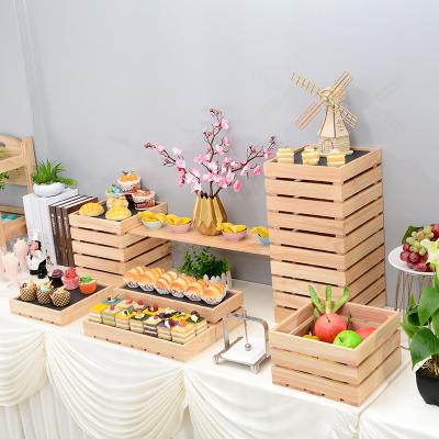 China hotel decoration tables gastronomia fancy food risers fruit display stand catering display stand customized wooden buffet tier A01 for sale