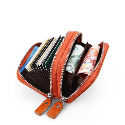 China Card Holder Zipper Coin Purse Genuine Leather Waterproof Pocket RFID Blocking Wallet With Double Zipper Pocket for sale