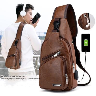 China Wholesale Newest Fashion PU Men Chest Bag With Left USB Phone Bag Shoulder Sling Earphone Hole Filling Bag for sale