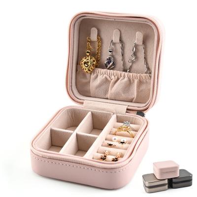 China PU+Velvet 10X10X5cm Mini Square Travel Jewelry Organizer PU LeatherJewellery Portable Storage Box for Earring/Ring/Necklace/Lipstick for sale