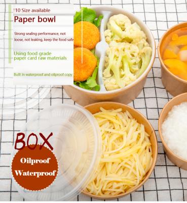 China 530ml Food Grade Craft Paper Microwavable Salad Bowl Microwavable Puff Paper Bowl With Plastic Cover for sale