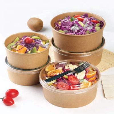 China Microwavable Take Away Bowl 1000ml Food Grade Custom Brown Paper Kraft Paper Bowl Microwavable Salad Bowl With Plastic Cover for sale