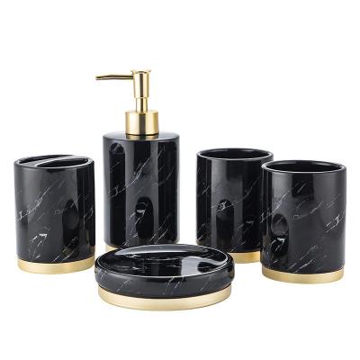 China Sustainable Black White Base Green Gold Marble Set Ceramic 5 Piece Toiletries Bathroom for sale