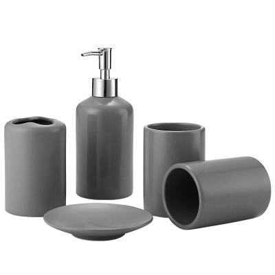 China Cs Viable Simple Style Gray Ceramic Bathroom 5 Piece Set Household Supplies Bathroom Wash Set for sale