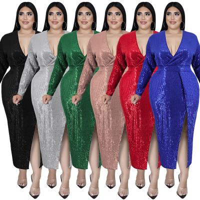 China 2022 Hot Selling A043 Amazon Falls Winter Sustainably Sexy V-Neckline Plus Size Women's Clothing Sequin Dresses for sale