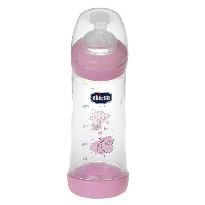 China Phthalate free chicco material wide diameter anti-flatulence pp bottle curved angled bottle with silicone nipple 250ML cartoon printing bottle for sale