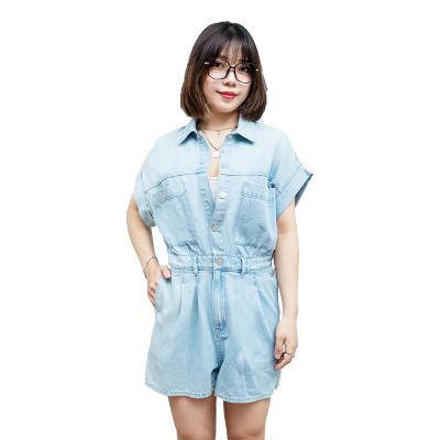 China OEM&ODM QUICK DRY design women's sky blue denim fabric casual short sleeve turn down collar white overalls with custom logo for sale