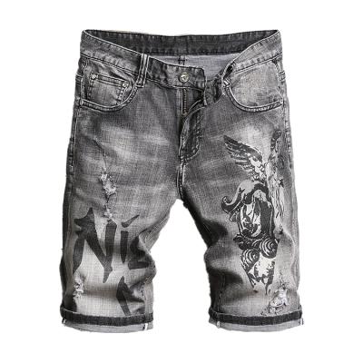 China New 2022 Men's Gray Cigarette Fairy Printed Denim Shorts Men's Denim Shorts Slim Hole Trend Breathable Mid Length Boy Social for sale