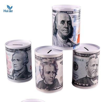 China Promotional Huiye Euro Saving Tin Cylindrical Coin Box Metal US Dollar Money Can Piggy Banks Box 9.5*9.5*17CM for sale