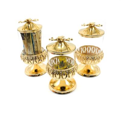 China Golden Candy Jar Wholesale Crystal Golden Plated Glass Candy Jar with Lid /Gold Metal Iron Candy Jar for sale