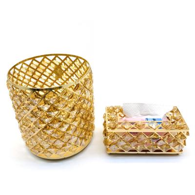 China Luxury Crystal Tissue Box Home Decor Hotel Decoration Luxury Gold Metal Crystal Hand-made Tissue Box/Waste Container for sale