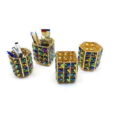 China Fashionable 2023 Factory Direct Sale Gold Pencil Vase Holder Case Gold Colorful Crystal Metal Pen Container for sale