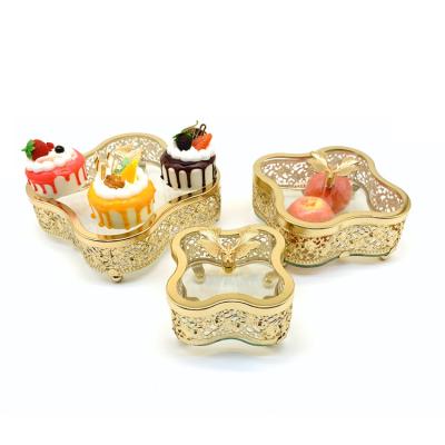 China Golden Candy Jar New Europe Style Custom Metal Iron Golden Gold Storage Box Cake Candy Jar With Glass Lid for sale