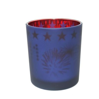 China Artistic Glass 6oz Jars Frosted Dark Blue Color And Decal Pattern Decorated Haodexin Glass Votive Candle Holders for sale