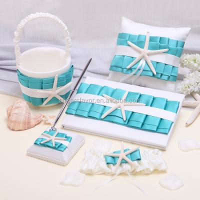 China white&turquoise starfish wedding guest book pen set ring pillow flower basket garter YY-16 for sale