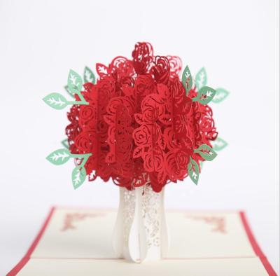 China Free Shipping Europe 10pcs/lot Red Pop Rose Bouquet 3D Up Greeting Card For All Occasions Date Night, Wedding Gift Folds Flat for sale