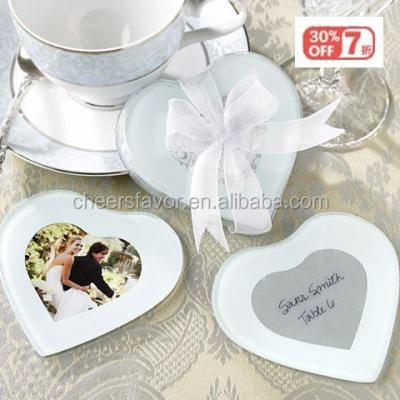 China Stocked Heart Shape Glass Photo Coaster 2pcs/set Wedding Favors for sale