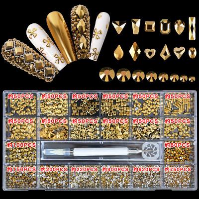 China New Arrival Plastic Iridescent Multi-shape Nail Jewelry Rhinestone Crystal 21 Flat Grid Boxed Shiny Flat Bottom Shaped Glass for sale