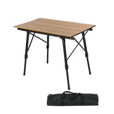 China Modern Wholesale Outdoor Portable Height Adjustable Roll Up Wood Grain Aluminum Frame Camping Foldable Table for sale