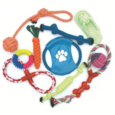 China Stored Pet Teeth Cleaning Bite Resistant Environmental Puzzle Plush Toy Interactive Cotton Rope Woven Rubber Set for sale