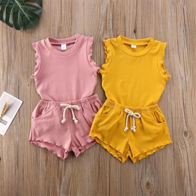 China Summer Casual Girls Clothing Sets Sleeveless Shirt And Shorts Sets Solid Color Girls Kids Biker Shorts 2 Piece Sets for sale