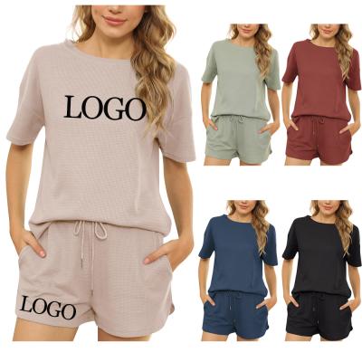 China QUICK DRY Women's Summer Workout Clothing Sets Waffle Cotton Lounge Wear Summer Clothes Ladies Tracksuit Women Biker Shorts Two Piece Set for sale