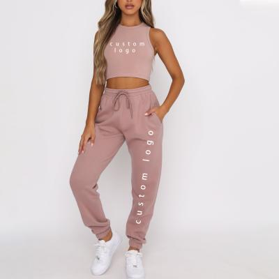 China QUICK DRY Custom Jogger Women Two Piece Jogger Pants Logo Rib Knit Crop Top Sweatpants Set Women Casual Loungewear Coordinating Female Set for sale