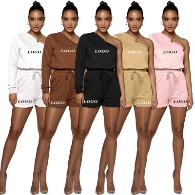 China QUICK DRY Custom Tracksuits Joggers One Shoulder Sweatshirt Two Piece Short Set Casual Wear Sweatsuit Women Training Two Piece Pants Set for sale