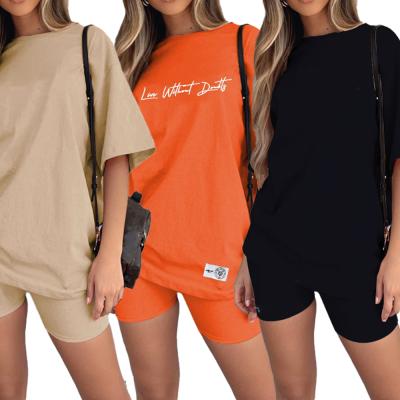 China Wholesale Custom Breathable Summer Tracksuit Plain Women Outfits Plus Size Top Shirt And Short Sleeve Biker Shorts Sets For Women Girls for sale