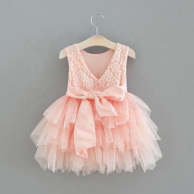 China Summer Breathable Girls Dresses Party Tutu Lace V Back Dress 1 Year Old Baby Birthday Dress for sale