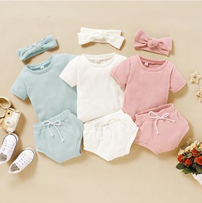 China Cozy 2021 Summer Headbands And Cowls T-shirt Summer Casual Shorts Ribbed Baby Clothes 3 Pieces Knit Girls' Clothing Sets Set for sale