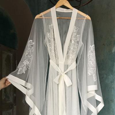 China Beta Latest Satin Ribbon Trim QUICK DRY Lace Sexy Sparkle Night Robe Ladies Loungewear Long Sleeve Wedding Robe QUICK DRY Boudoir Robe Customize for sale