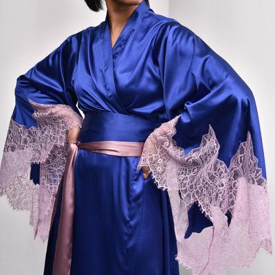 China Beta High Quality Long Blue kimono robe with lace women's satin kimono robe lingerie for bridal for sale