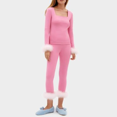 China Square collar QUICK DRY cotton pj set beta factory cotton pajamas feather tight QUICK DRY pants loungewear sleepwear detachable wholesale for sale