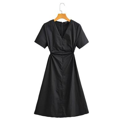 China Solid Color Breathable Elegant Fashion Casual Sexy V-Neck Black Hollow Out Dress For Women for sale