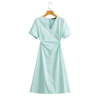 China 2023 New Arrivals Breathable Size Hollow Out Solid Cotton Summer Women's V Neck Dresses for sale