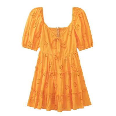 China Breathable High Quality Casual Yellow Cotton Hollow Out Summer Embroidery Dresses For Women for sale