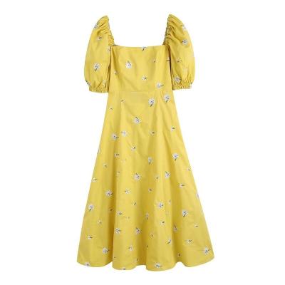 China Breathable 2023 Yellow Poplin Cotton Embroidered Summer Elegant Women Floral Long Maxi Casual Dresses for sale