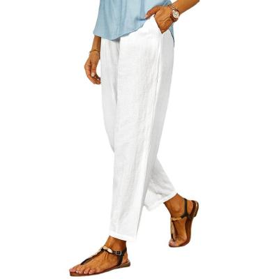 China New Design Breathable Comfortable Elastic Waist Plain Summer White Loose Linen Pants Women for sale