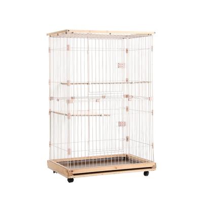 China Breathable Wholesale Metal Wired 3 Layers Cat Cage Wooden Frame Cat Rabbit Cage With Wheel for sale