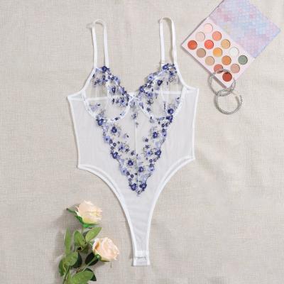 China Floral Lace Plunging Teddies Bodysuit Blue Manufacturer Women Clothing Sexy Lingerie Bodysuits Transparent Fancy Women Wholesale for sale