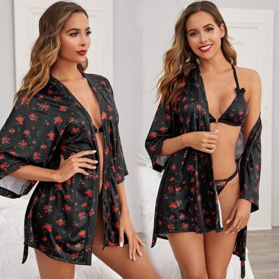 中国 Ensemble Nuisette Underwear Sleepwear Lace 3 Piece Bra Set Satin Peignoir Robe Negligee Mature Women Sexy Lingerie Nightgown 販売のため