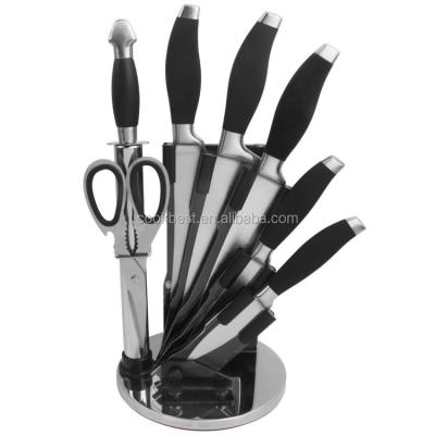 China Sustainable Soft Handle Stainless Steel Kitchen Chefs Knife Set With Sharpener And Scissors for sale