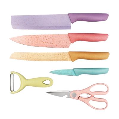 China Hot Sale 6 Pcs Sustainable Wheat Straw Unsettled Stick Coating Eco-friendly Kitchen Knife In Gift Box for sale