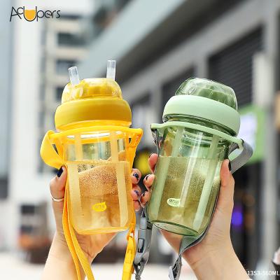 China Minimalist 560ml 19oz Colorful Double Plastic Straws Juice Drinking Bottle With Strap for sale