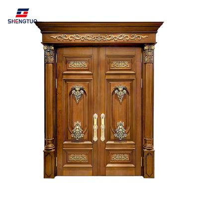 China Luxury Line Front Decorative Sound Insulation Villa Loop Solid Wood Double Door Designs Metal Flowers Hitom Main Door Designs Double for sale